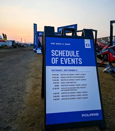 Close up of black A-frame with Polaris Snowmobiles Events at Hay Days 2023