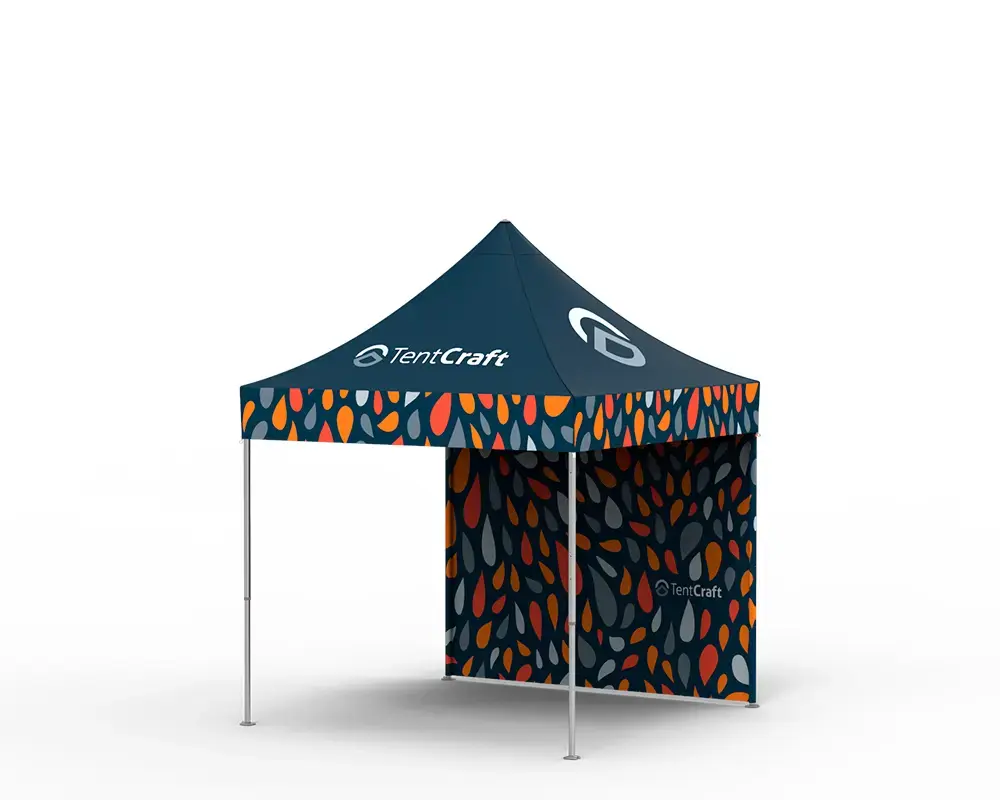 Rendering of 10x10 tent with printed canopy and back wall