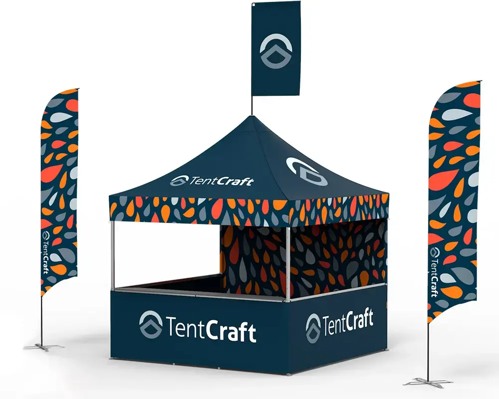 Rendering of 10x10 tent with printed canopy, flags and walls and counters