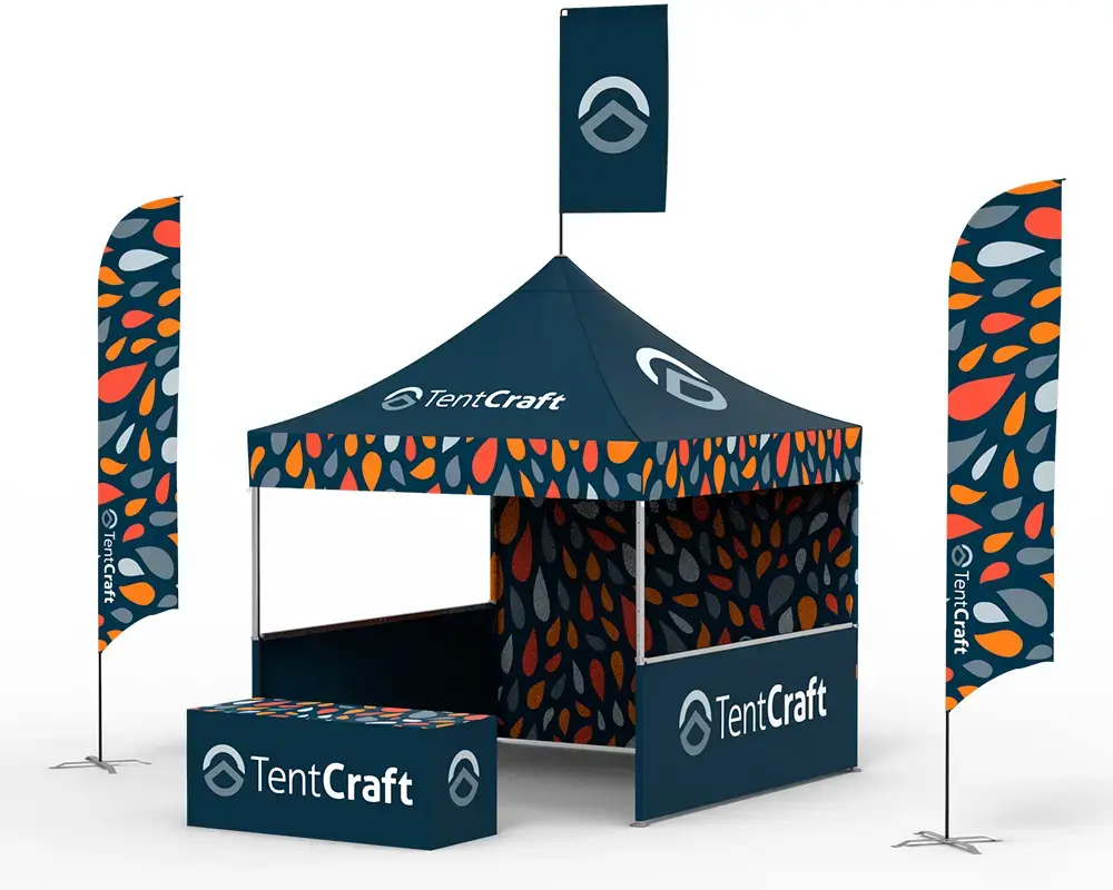 Rendering of 10x10 tent with printed walls, canopy and flags