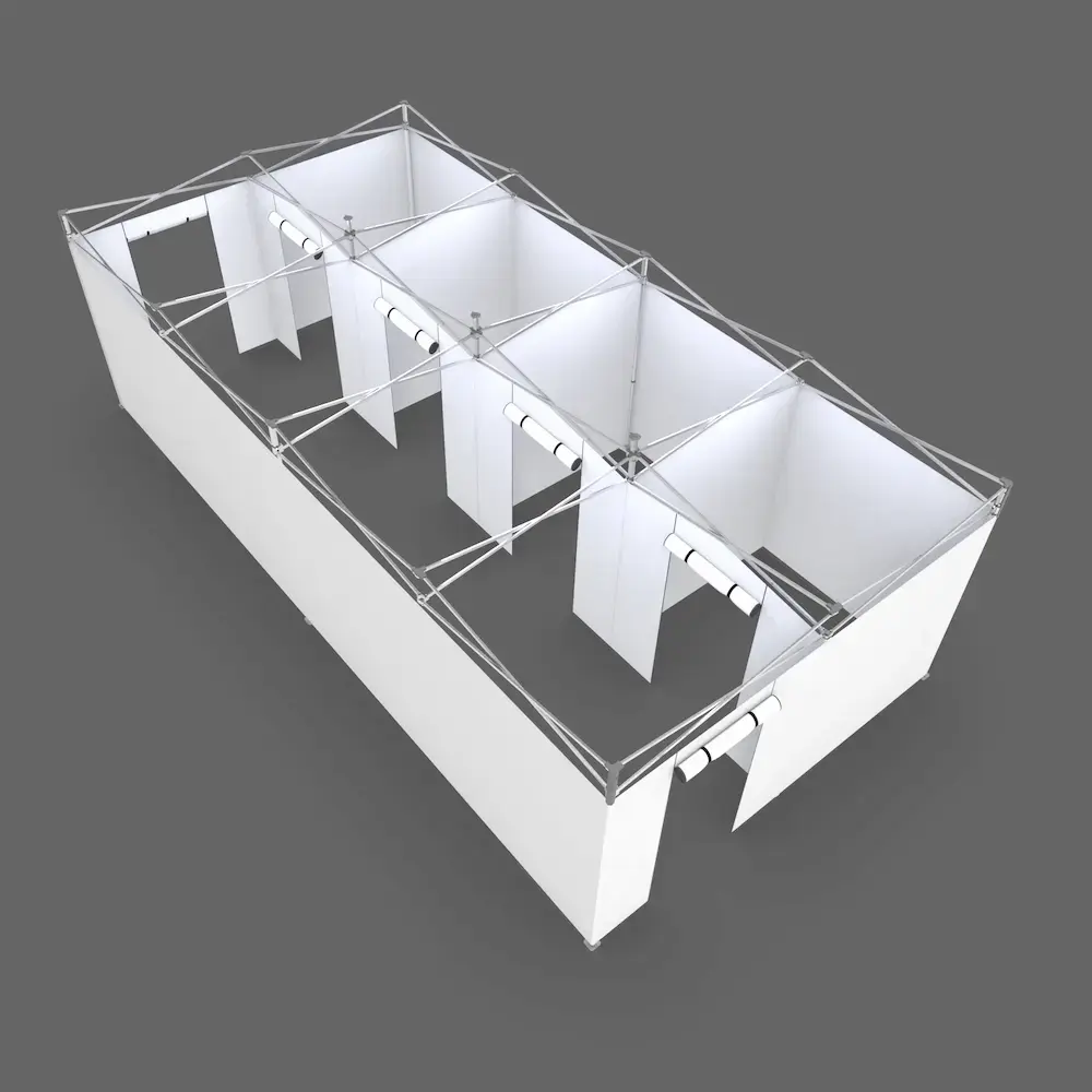 inside view of a white 13x26 flat-roof medical hospital tent with four separate rooms, used for coronavirus