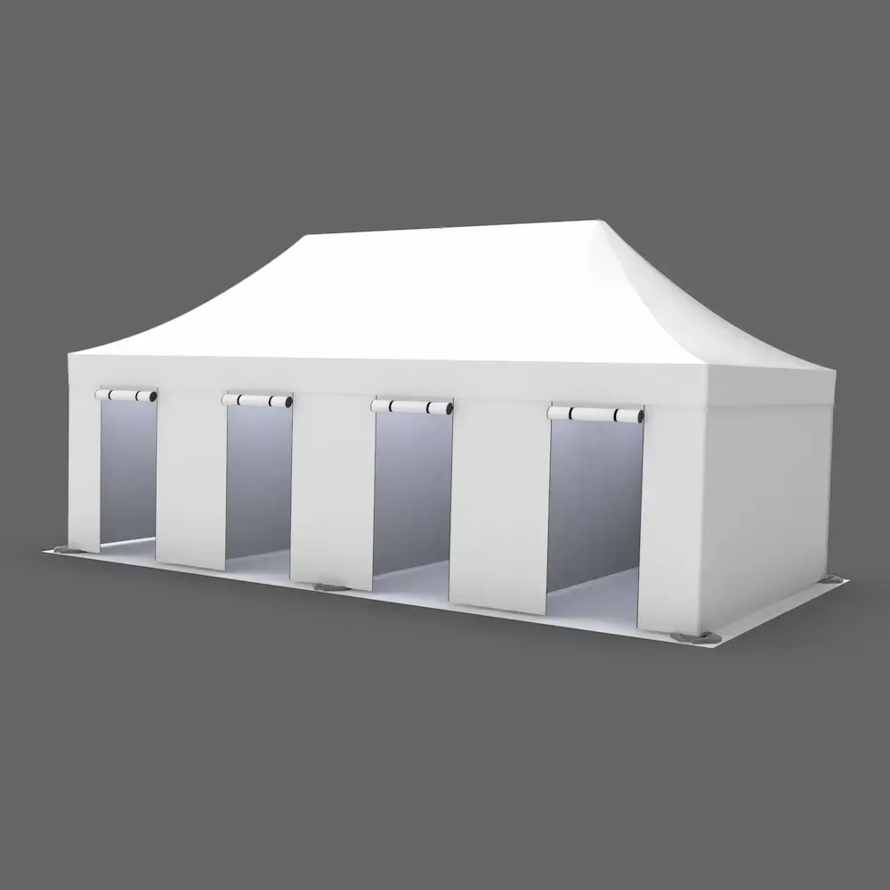 white, spacious, four-room medical hospital tent for coronavirus containment and treatment with four roll-up entrances