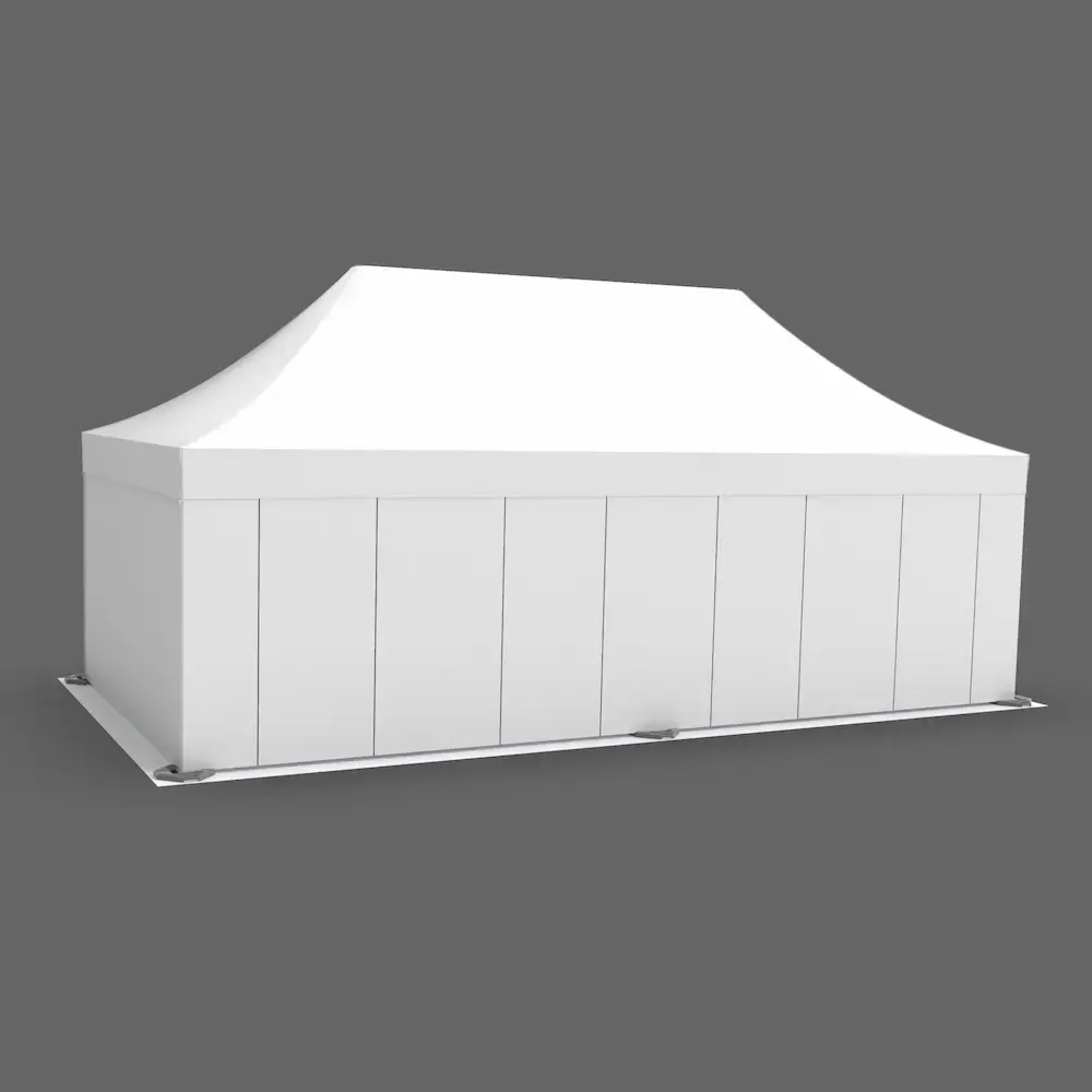 back-side view of a white four-room infirmary tent for coronavirus containment