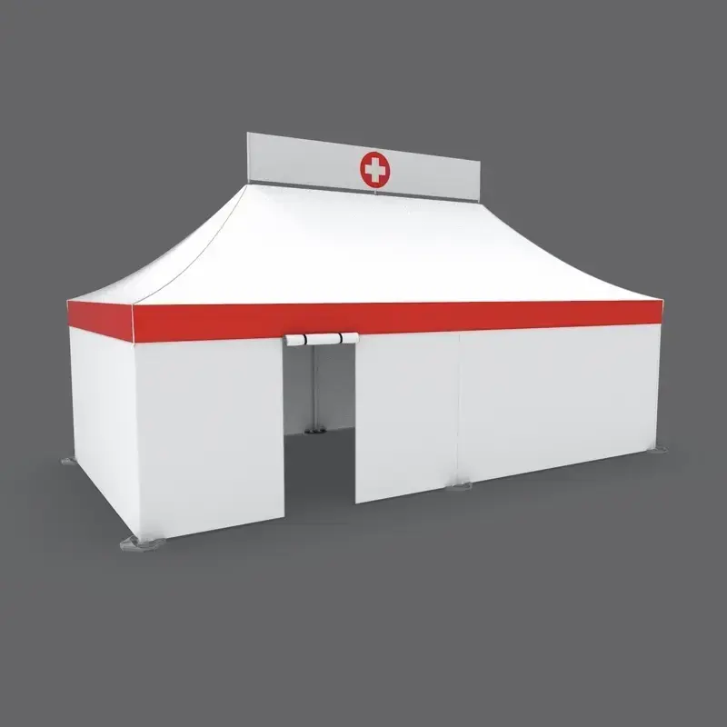 13x26 custom pop up shelter for medical treatment and triage that has custom printing, signage, and a roll up entryway