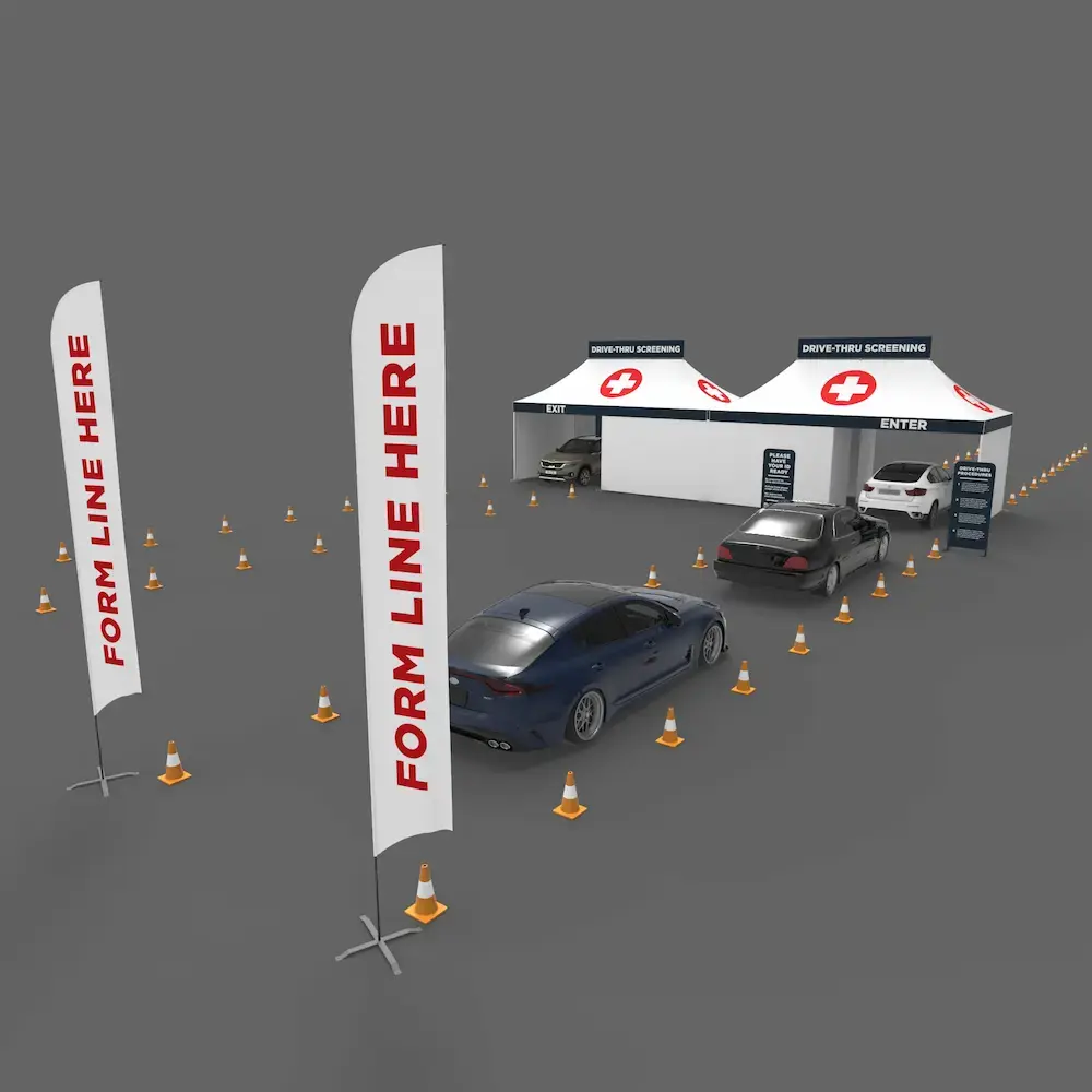 side by side coronavirus drive thru tents facilitate testing with the help of custom signage and traffic cones