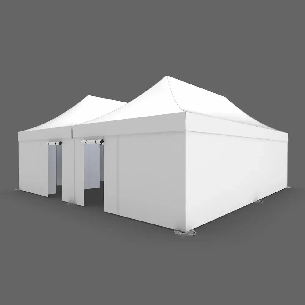 outside view of a white, two-entrance, eight-room infirmary tent