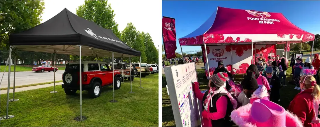 Side by side photos of a MONARCHHEX being used at the Woodward Dream Cruise then being repurposed for the a Warriors In Pink Event.